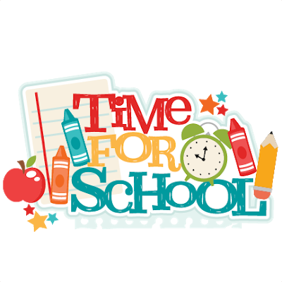 Paper, crayons, colored pencils, paperclips, clock, apple, with Time for school on a chalk board